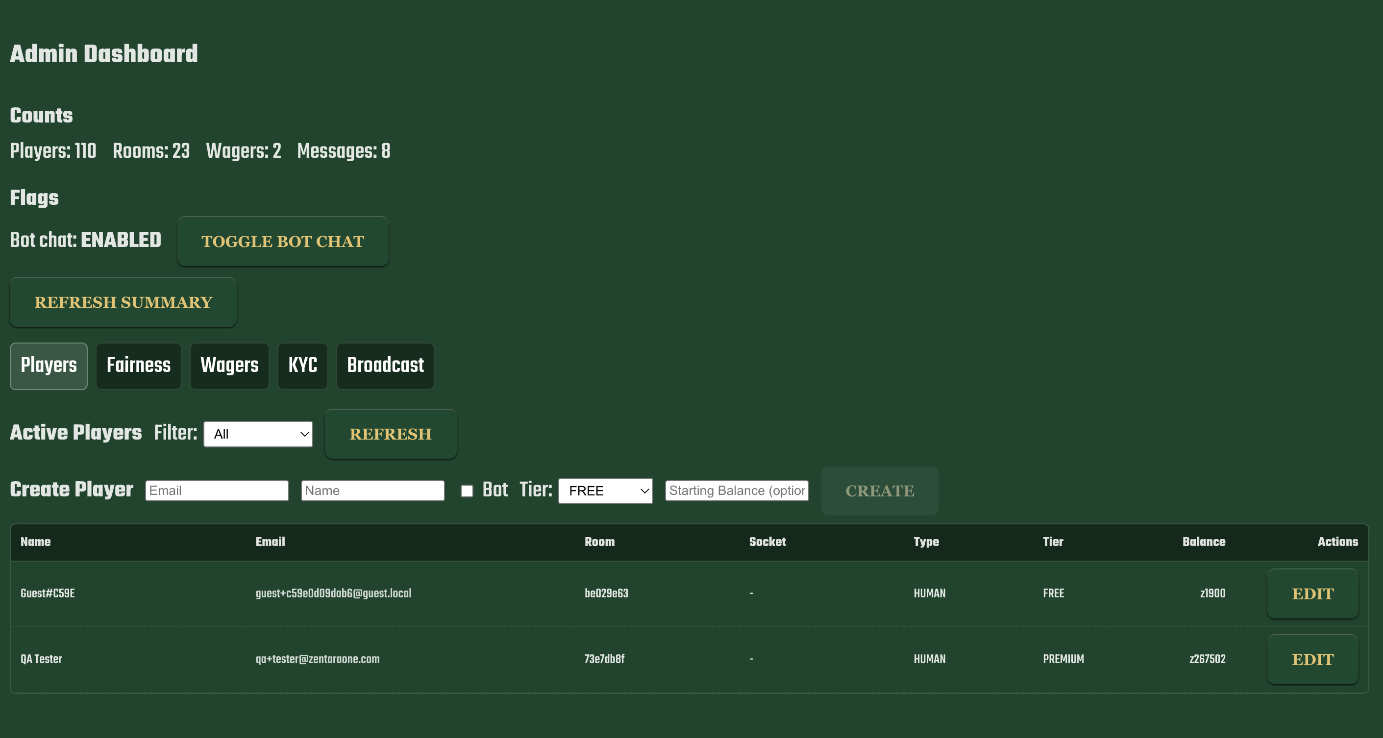 Dice Lounge admin dashboard: real-time table controls and monitoring