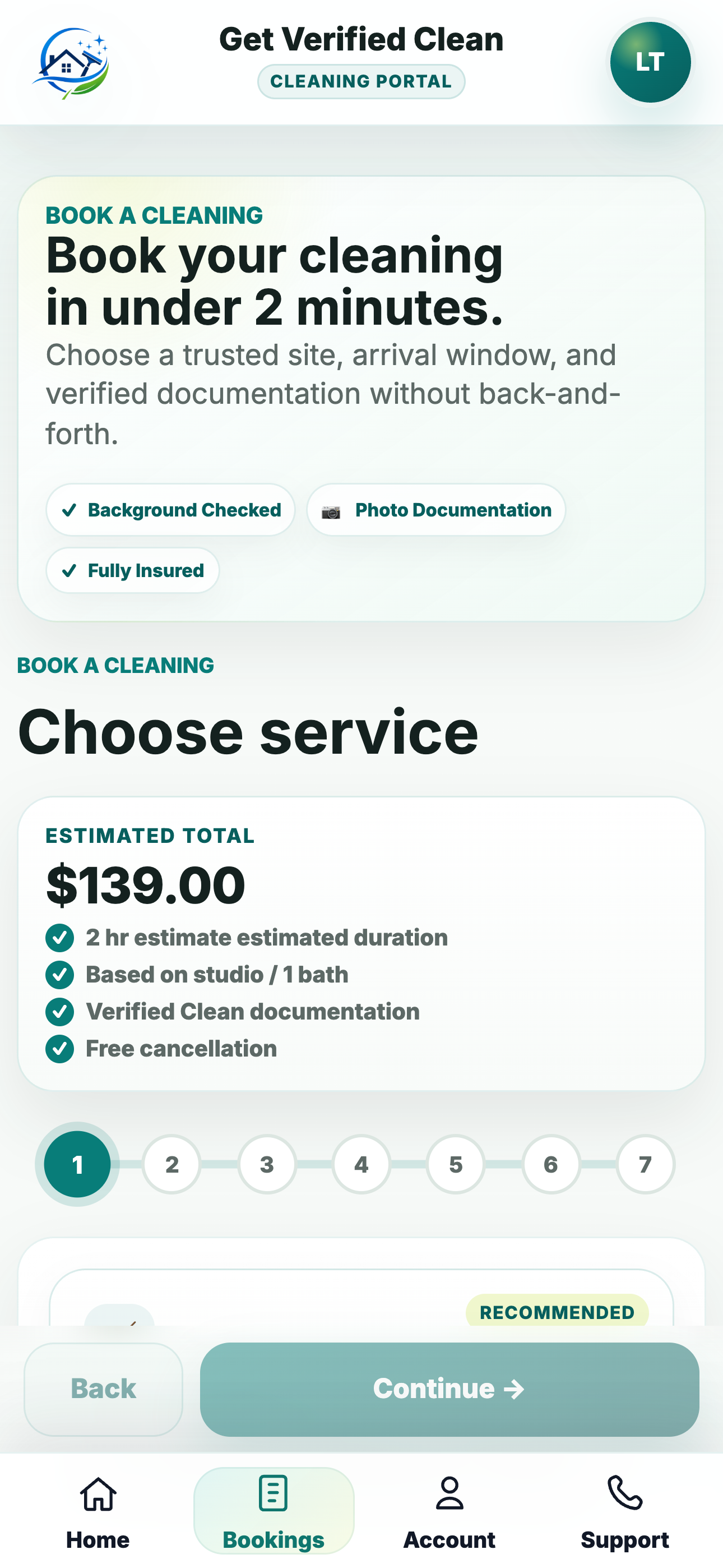 Get Verified Clean customer booking flow with estimated total and verification details