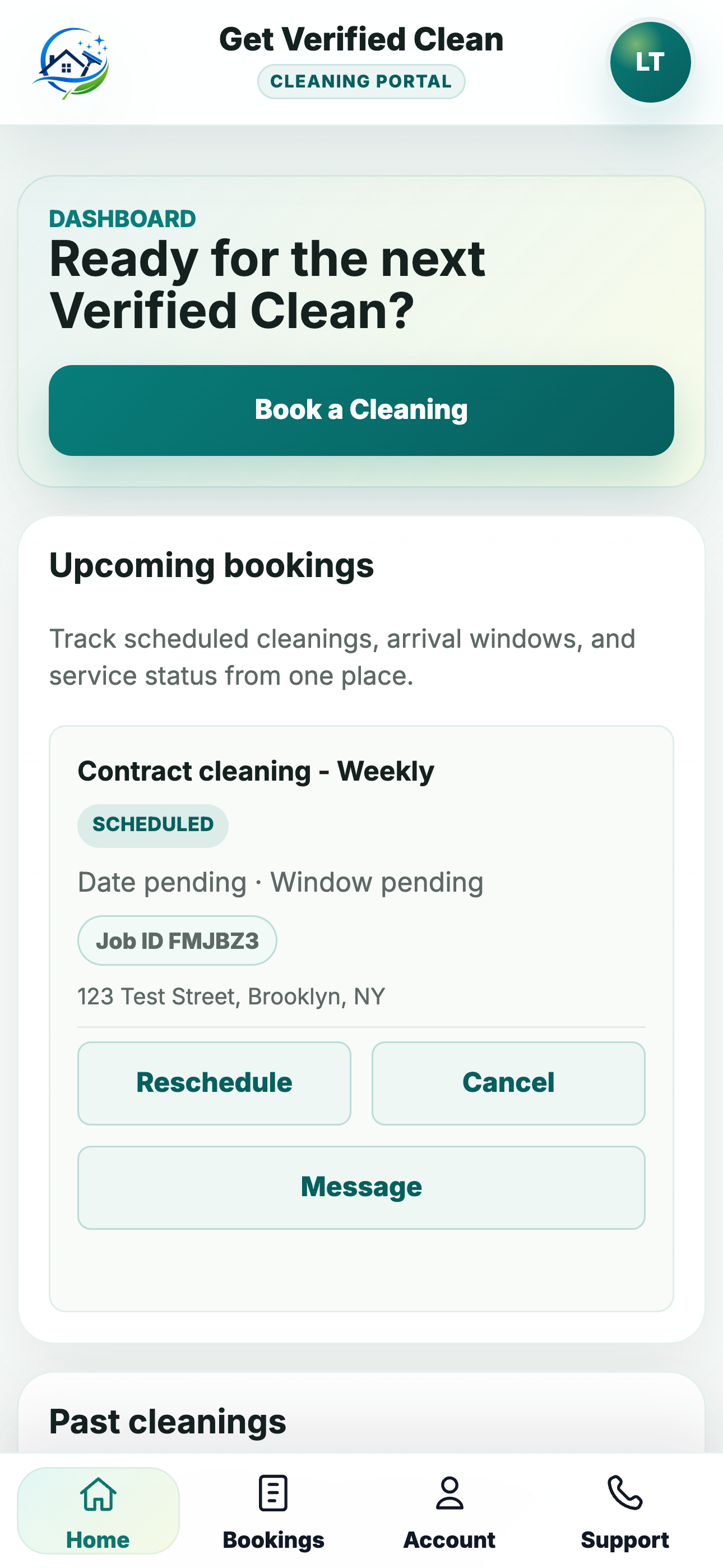 Get Verified Clean customer portal dashboard with upcoming bookings and service status