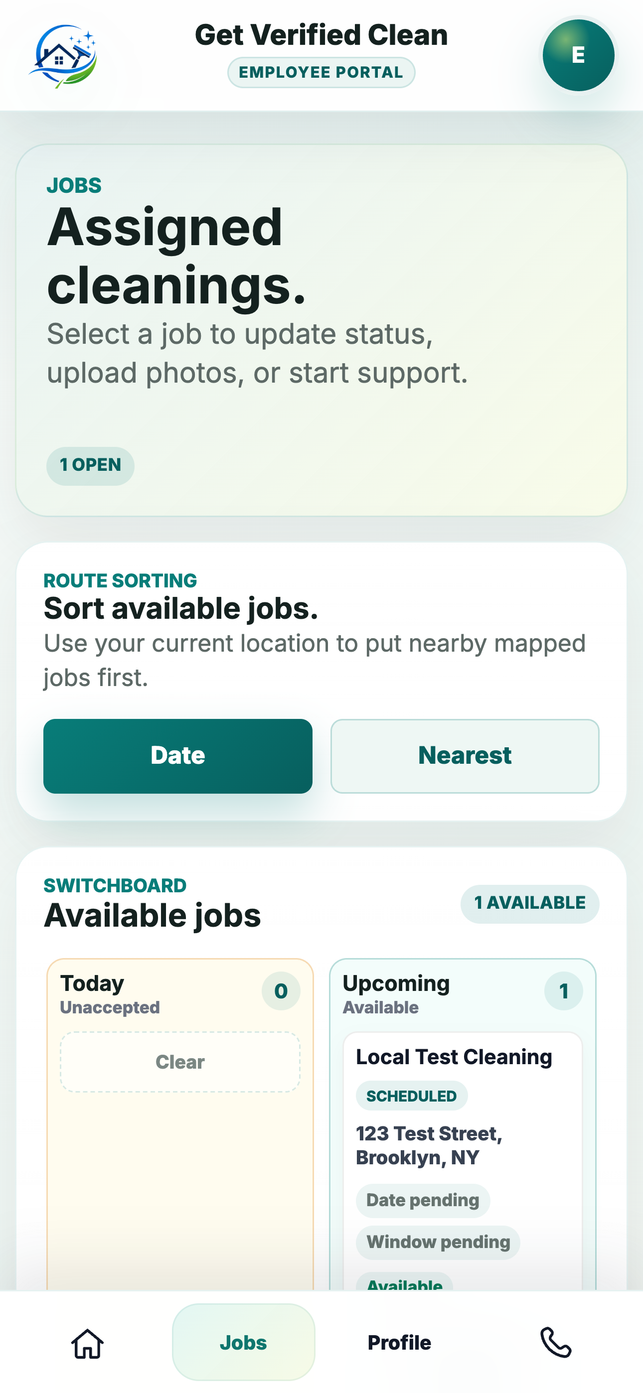 Get Verified Clean employee portal showing assigned cleanings and route sorting